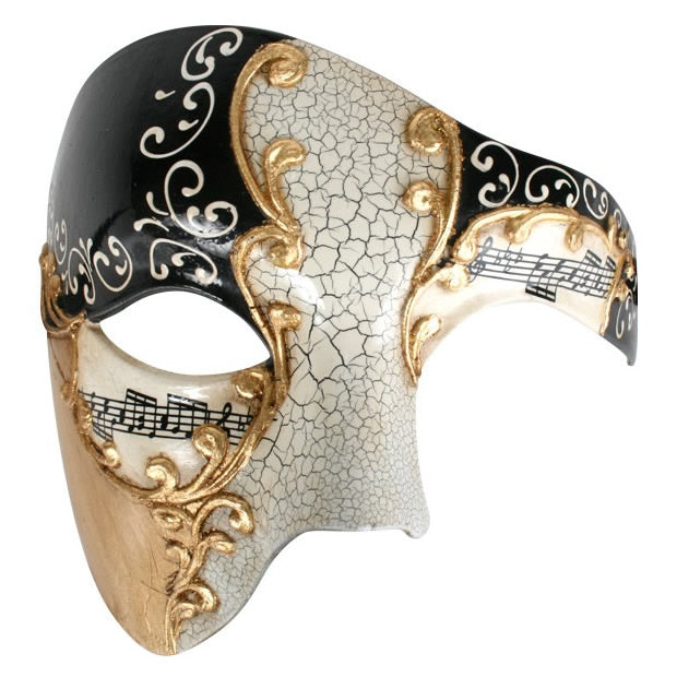 Black and gold half masquerade mask with music notes and cracked look