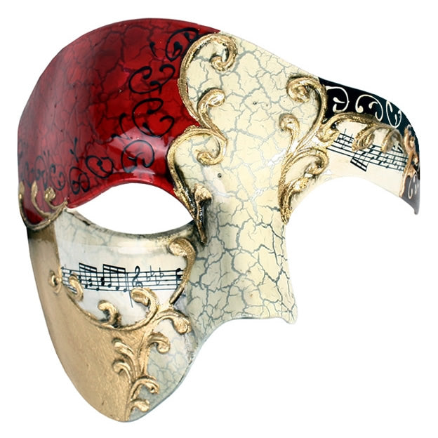 Red and gold half masquerade mask with music notes and cracked look