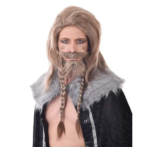 Long brown men's Viking wig with beard and braids