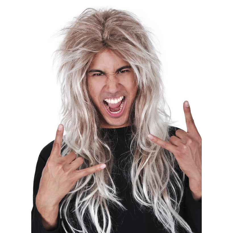 80s style long bleached layered wig with blond colour highlights and darker roots.