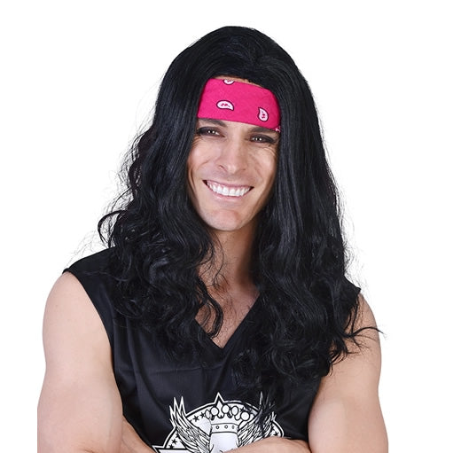 Long black rock star wavy wig with headband