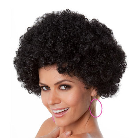 Black afro unisex wig worn by woman