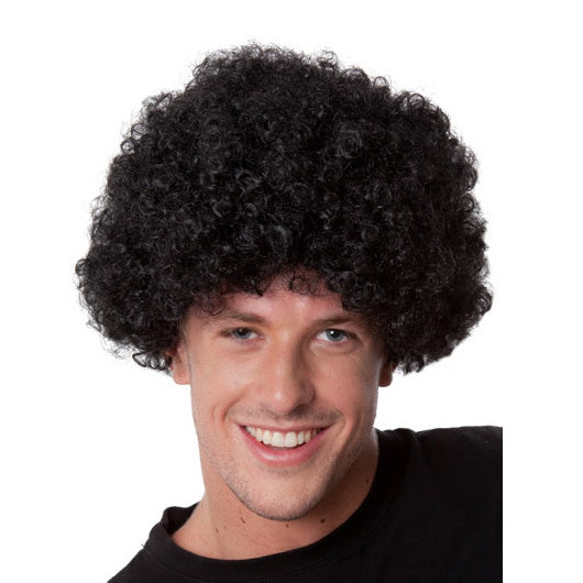 Black afro unisex wig worn by man