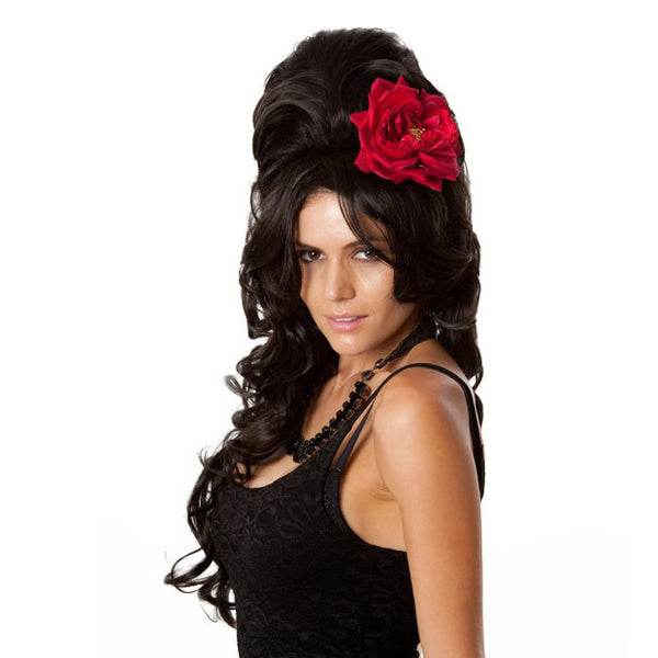 Long wavy black Amy Winehouse wig with red flower, different angle