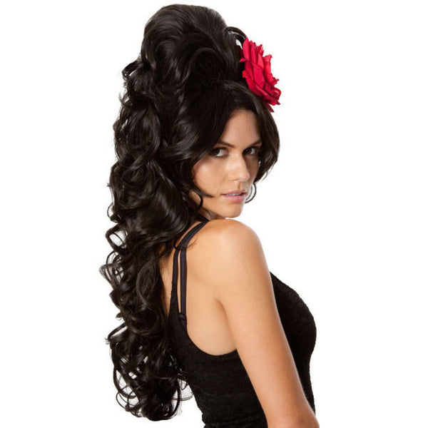 Long wavy black Amy Winehouse wig with red flower