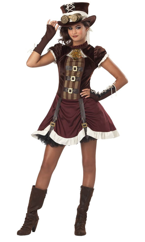 Steampunk burgundy dress with hat, gloves and goggles