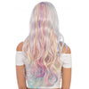 Back of long wavy pastel rainbow wig