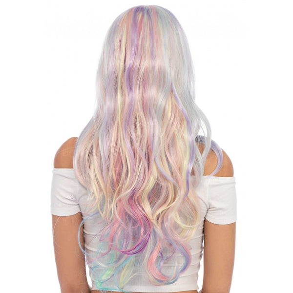 Back of long wavy pastel rainbow wig