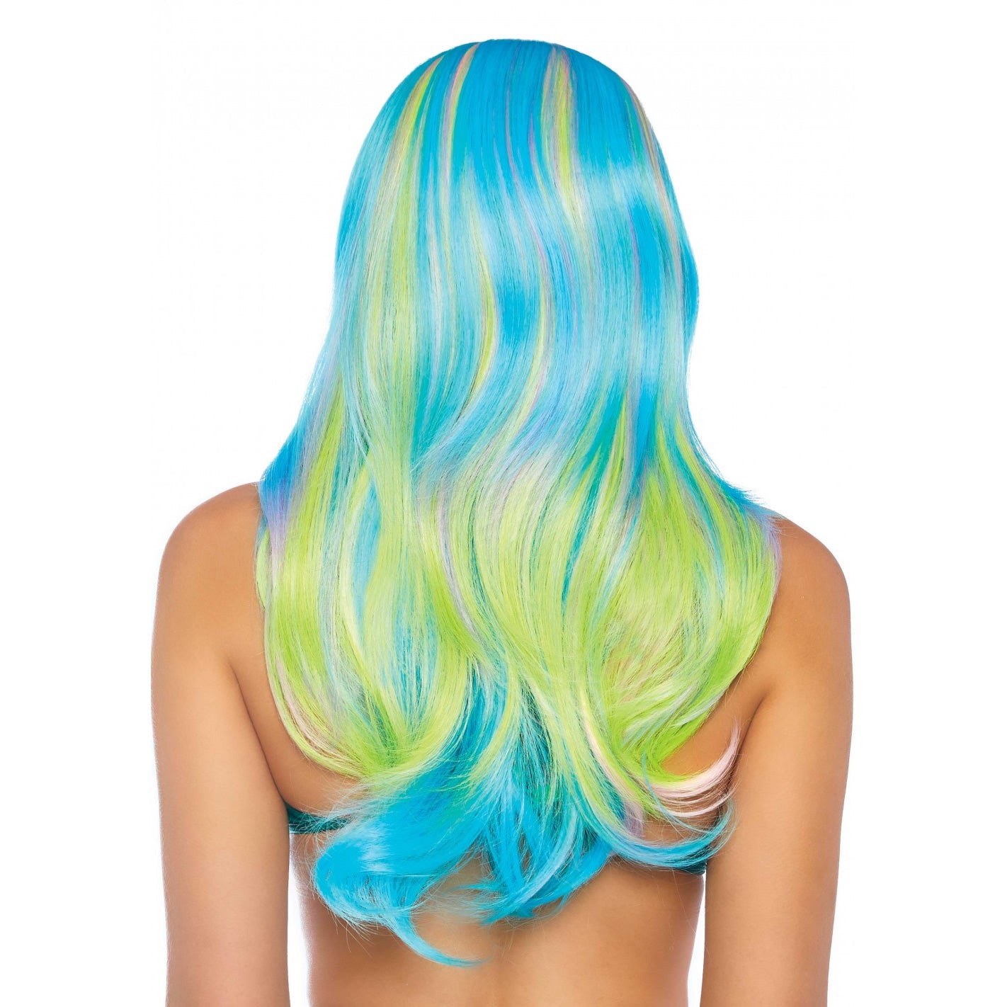 Back of long neon multi coloured unicorn wig