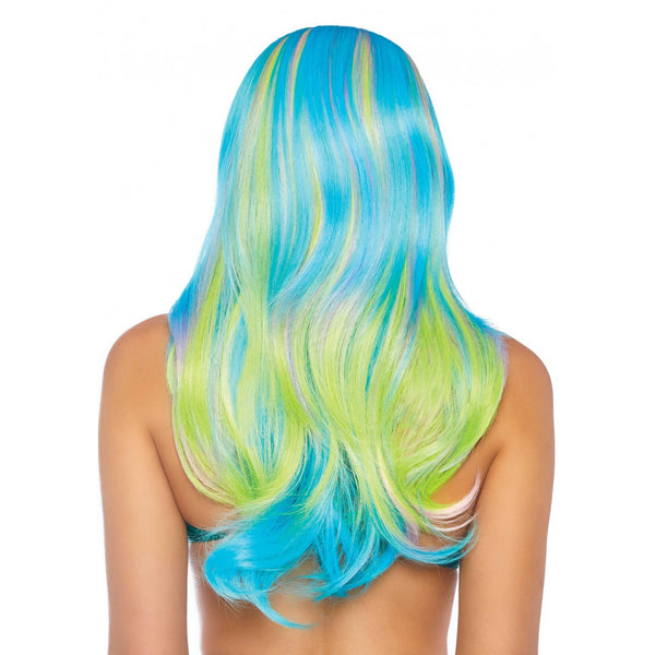 Back of long neon multi coloured unicorn wig