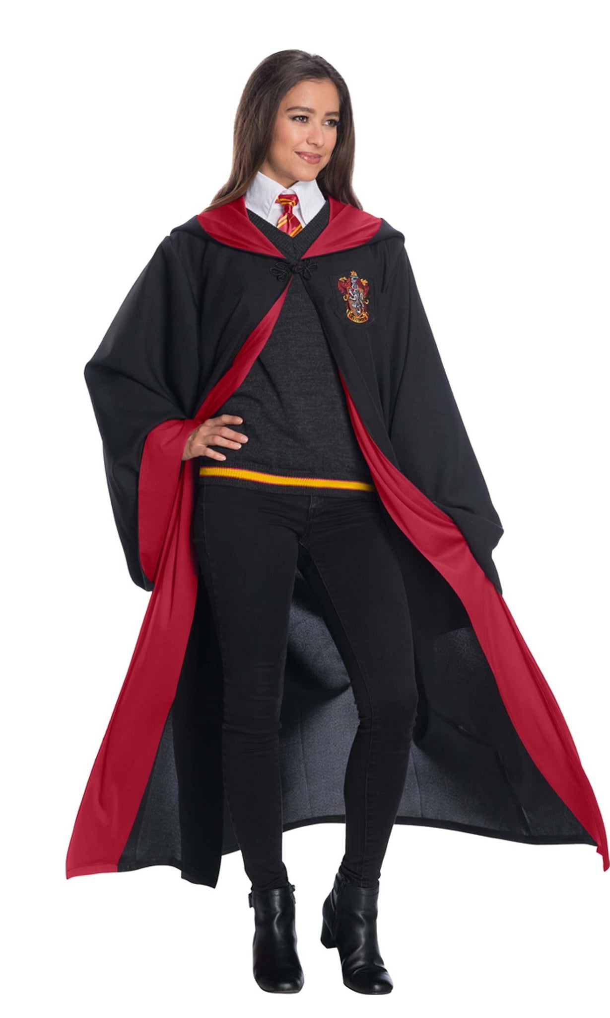Woman in black and red Gryffindor robe, sweater and necktie