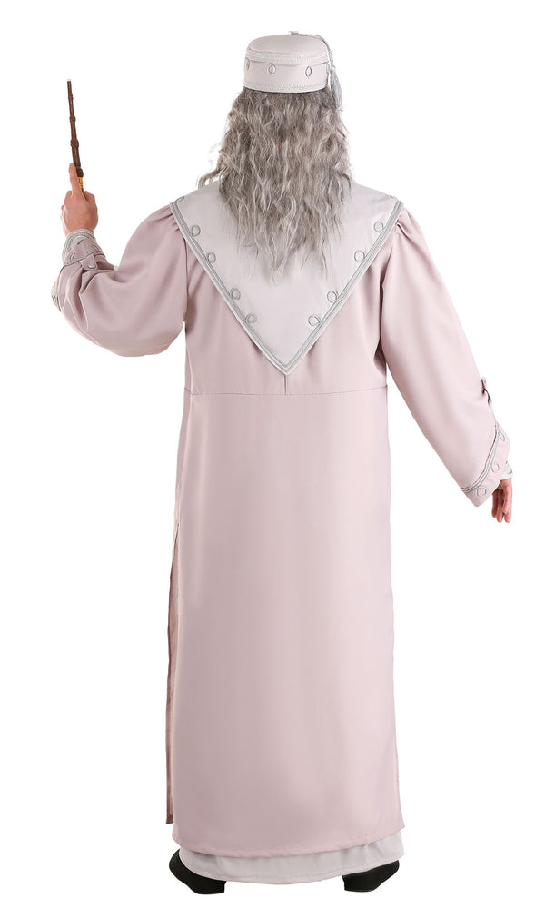 Back of plus size Professor Dumbledore costume with wig and hat
