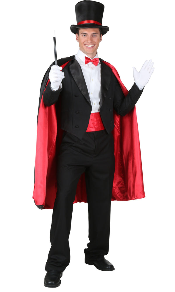 Red and black magician costume with jacket, lined cape and hat