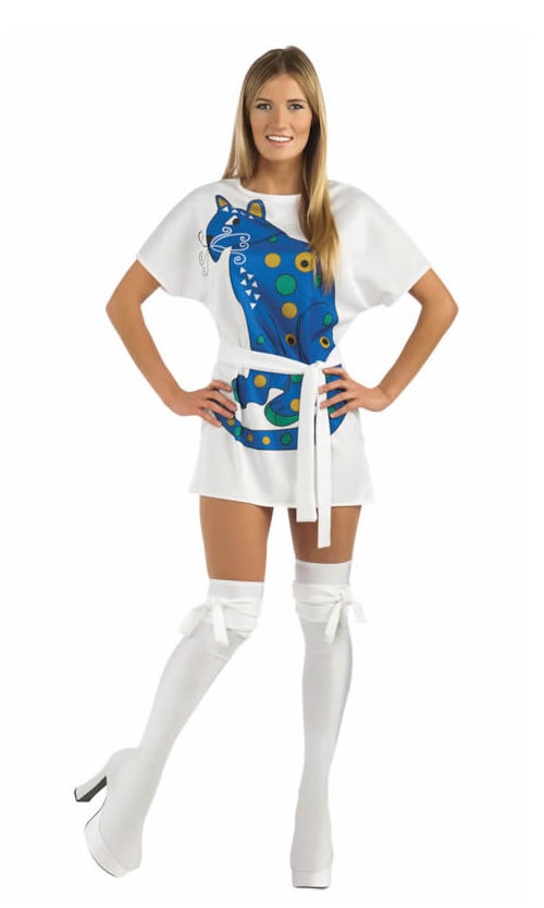 Agnetha Abba dress with blue cat logo, belt and boot tops