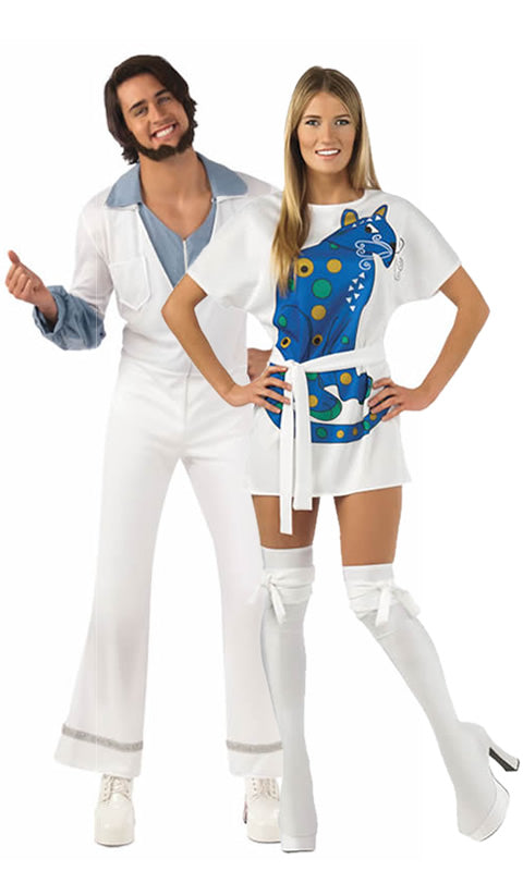 Agnetha Abba dress with blue cat logo, belt and boot tops, next to male in jumpsuit