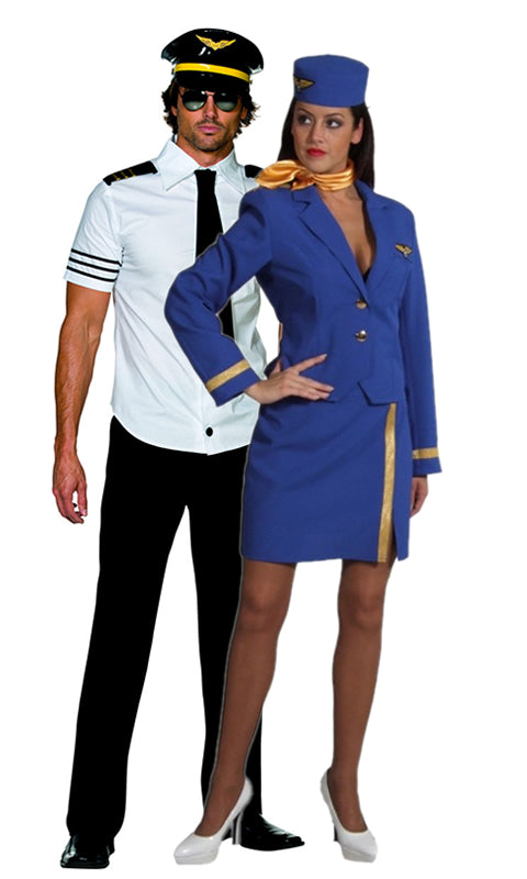 Blue air hostess costume with skirt, jacket and matching hat, next to pilot