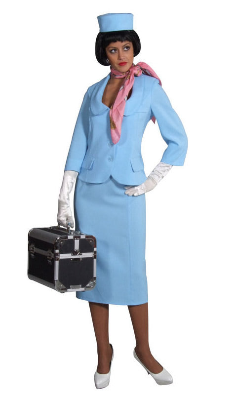 Blue flight attendant costume with skirt, jacket, matching hat and white gloves