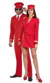 Red air hostess costume with skirt, jacket and matching hat next to pilot