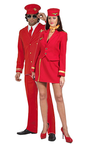 Red air hostess costume with skirt, jacket and matching hat next to pilot
