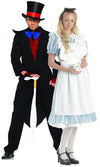 Alice blue and white traditional style costume standing with Mad hatter