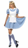 Blue and white Alice dress with waist sash and headband