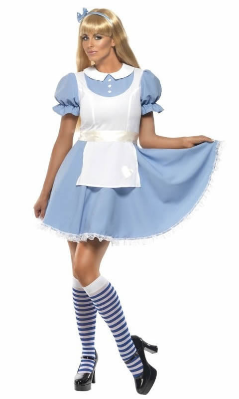 Blue and white Alice dress with waist sash and headband
