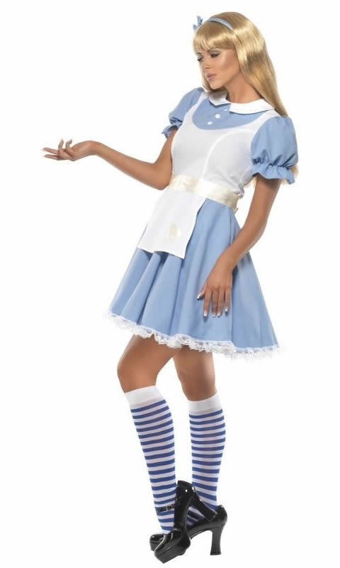 Side of blue and white Alice dress with waist sash and headband