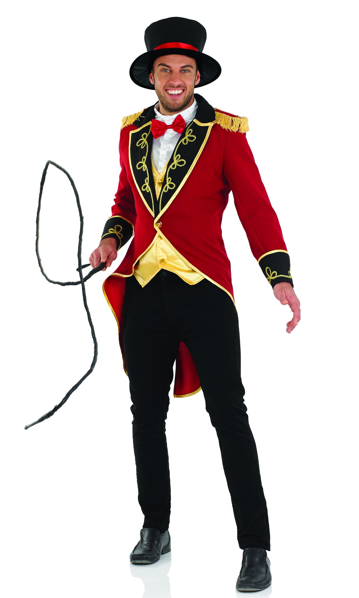 Red ringmaster jacket with attached waistcoat, shirt front, tie and hat