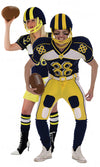Back of yellow and black, woman's American football costume, behind matching partner