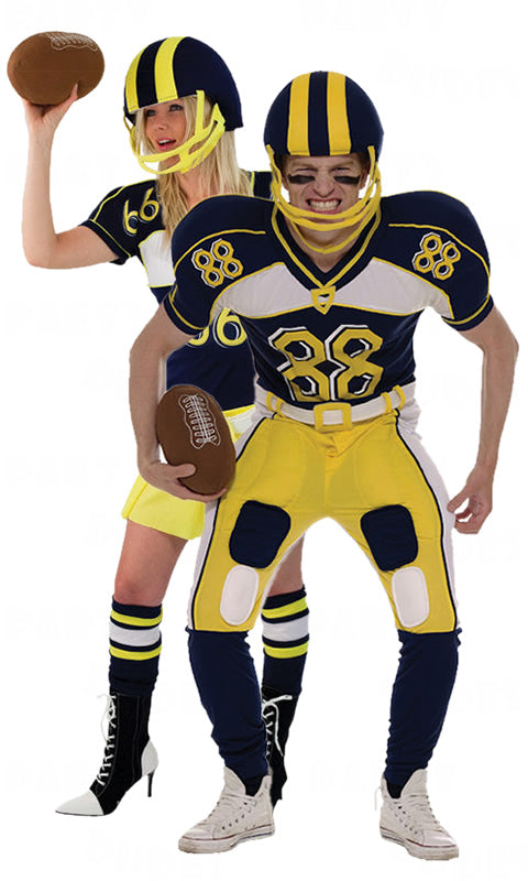 Men's American football player costume with helmet and stuffed ball next to partner