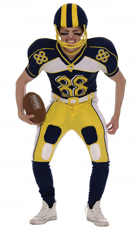 Men's American football player costume with helmet and stuffed ball