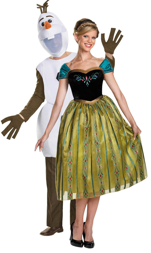Anna from Frozen coronation plus size dress in front of Olaf