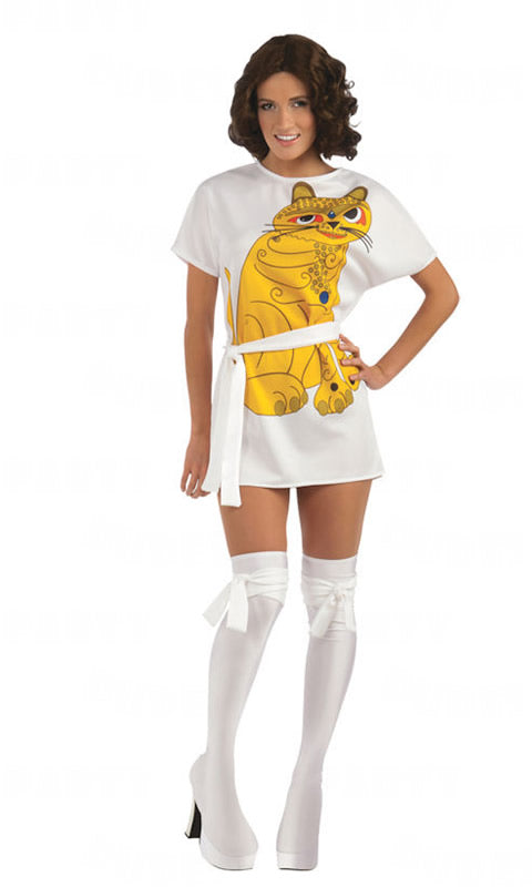 Anni from Abba white dress with yellow cat motif