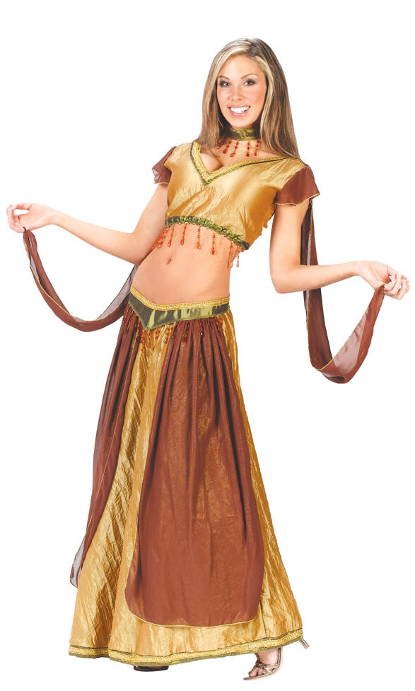 Gold and brown Arabian belly dancing costume with long skirt and short top