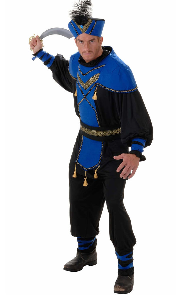 Mens Arabian style costume in blue and black with feathered hat