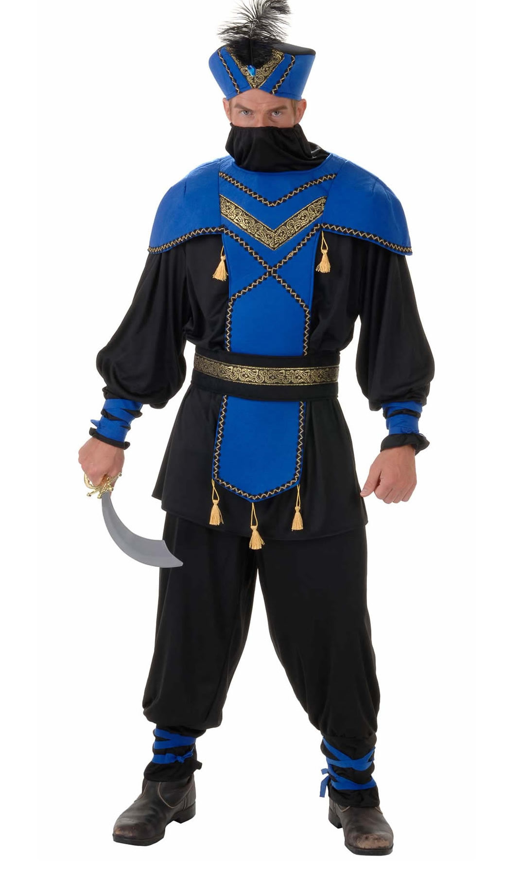 Blue and black Arabian warrior costume with belt and feathered hat with mask