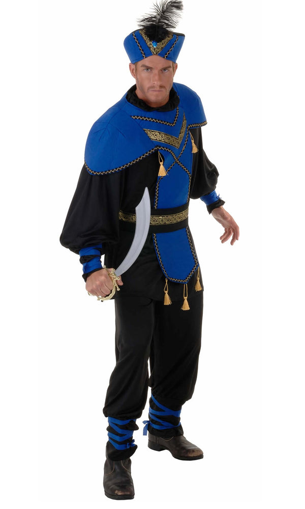 Side of blue and black Arabian warrior costume with belt and feathered hat