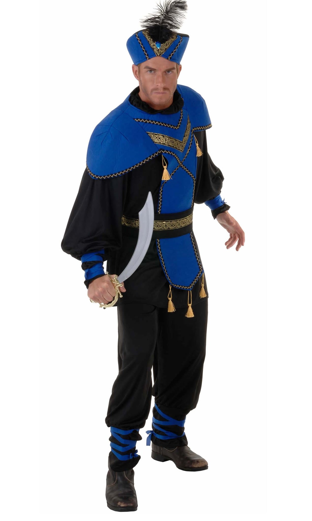 Side angle of men's Arabian style costume in blue and black with hat