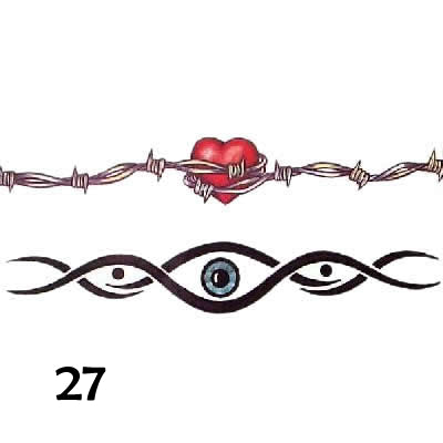 Temporary tattoo of a heart tied with barbed wire and another swirl pattern tattoo