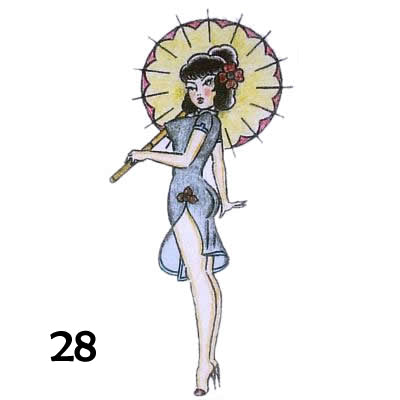 Temporary tattoo of an asian woman holding and a sun umbrella wearing a short blue dress
