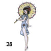 Temporary tattoo of an asian woman holding and a sun umbrella wearing a short blue dress
