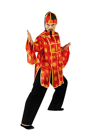 Red and gold long sleeved Asian emperor men's costume with hat and attached ponytail