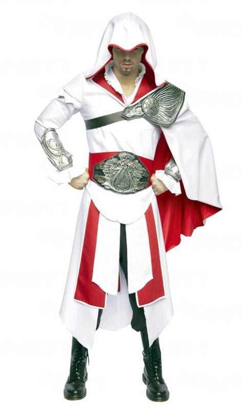 White and red Assassins Creed costume with arm cuffs, hood and belt