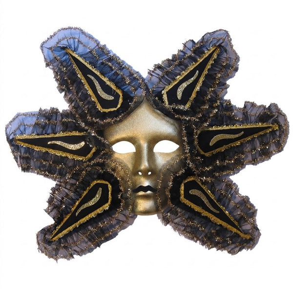 A gold and black Carnaval mask with intricate patterns and tule detailing.