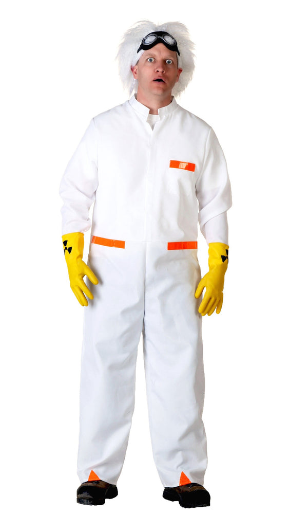 White Doc Brown jumpsuit with yellow gloves and white wig