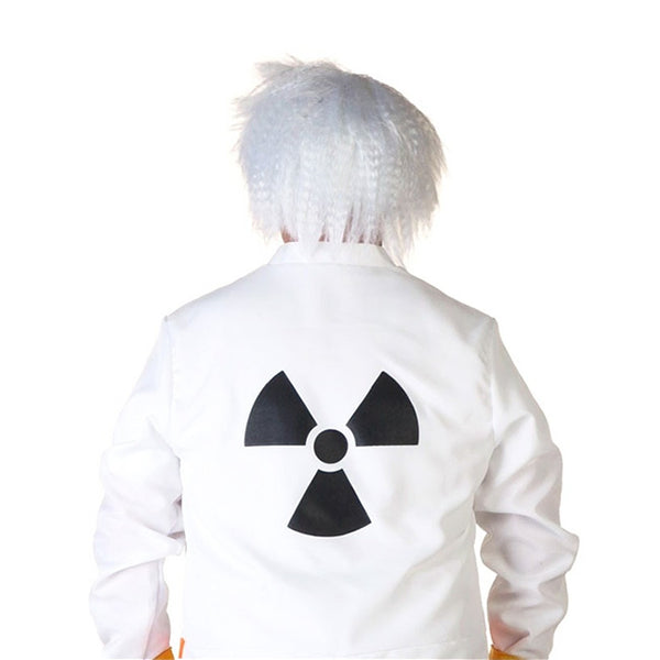 Back of white Doc Brown jumpsuit and white wig
