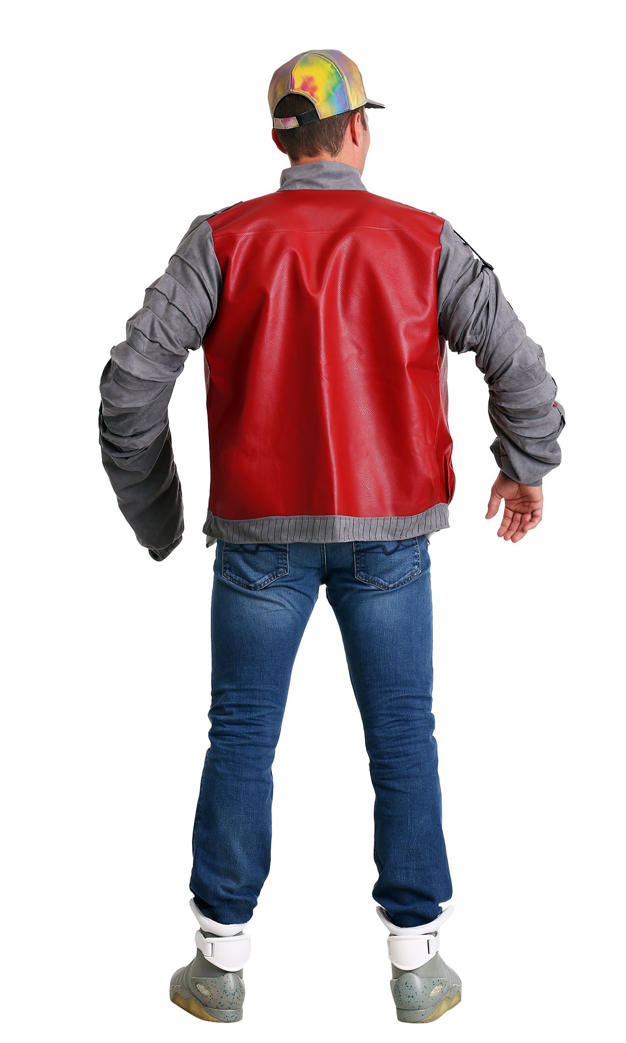 Back view of Marty McFly costume with hat and jacket