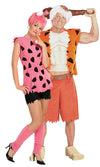 Bamm Bamm Rubble costume with muscle chest, orange vest, shorts and fake feet next to Pebbles