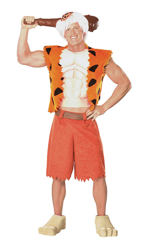 Bamm Bamm Rubble costume with muscle chest, orange vest, shorts and fake feet