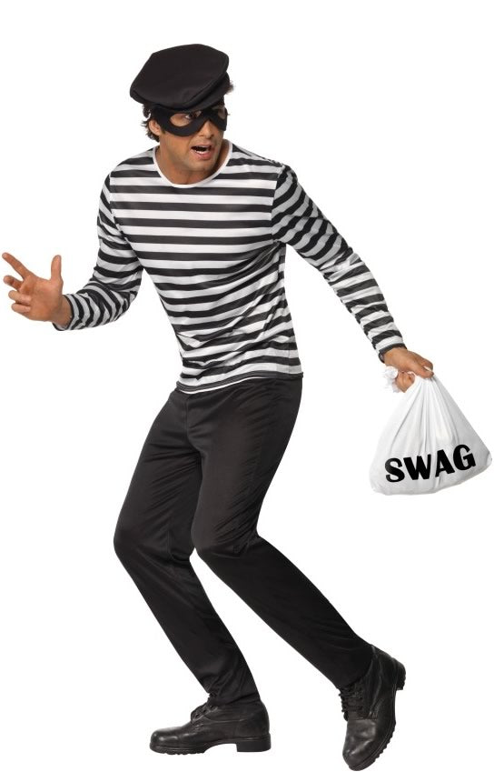 Bank robber black and white costume with hat, mask, pants, and swag bag